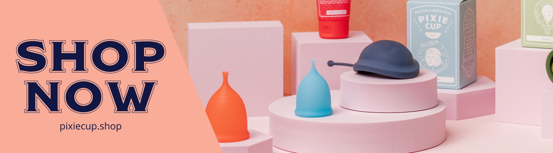 Pixie Menstrual Cup & Disc Displayed with colorful packaging
